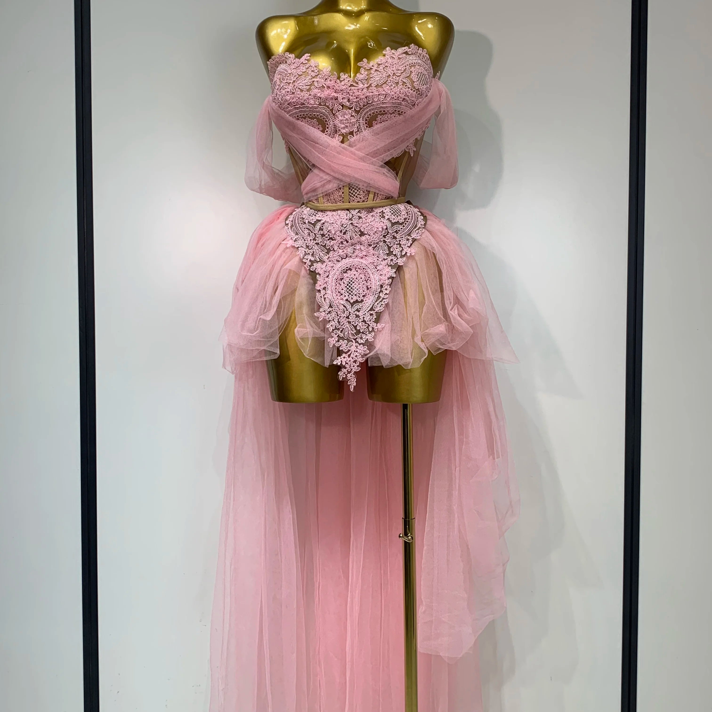 Women Sexy Strapless Pink Mesh Two Pieces Set Prom Gown Celebrate Birthday Nightclub Party Singer Stage Performance Costume Pink