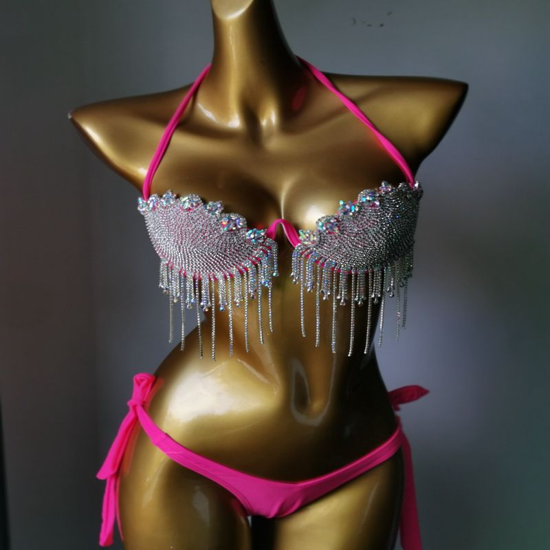 Push Up Gathered Sexy Bikini Luxury Crystal Diamond Women's Swimsuit High-End Rhinestone Tassels Swimwear Biquini Rose Red