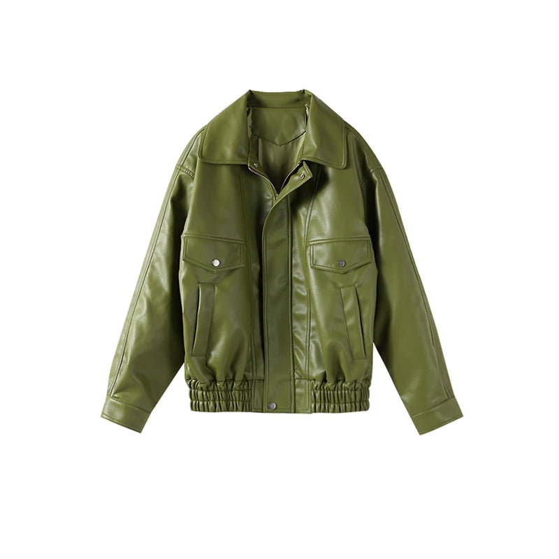Green PU Leather Jacket Women Retro Laple Zipper Loose Full Sleeve Oversized Coat Female 2025 New Fashion Lady Solid Streetwear green