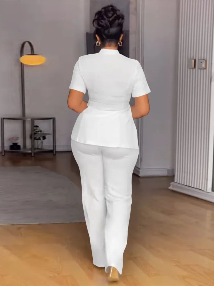 Plus Size Summer 2 Two Piece Set Women Irregular Ruffle Pleated Fashion Ladies Blouses Casual Bodycon Woman Pencil Pant