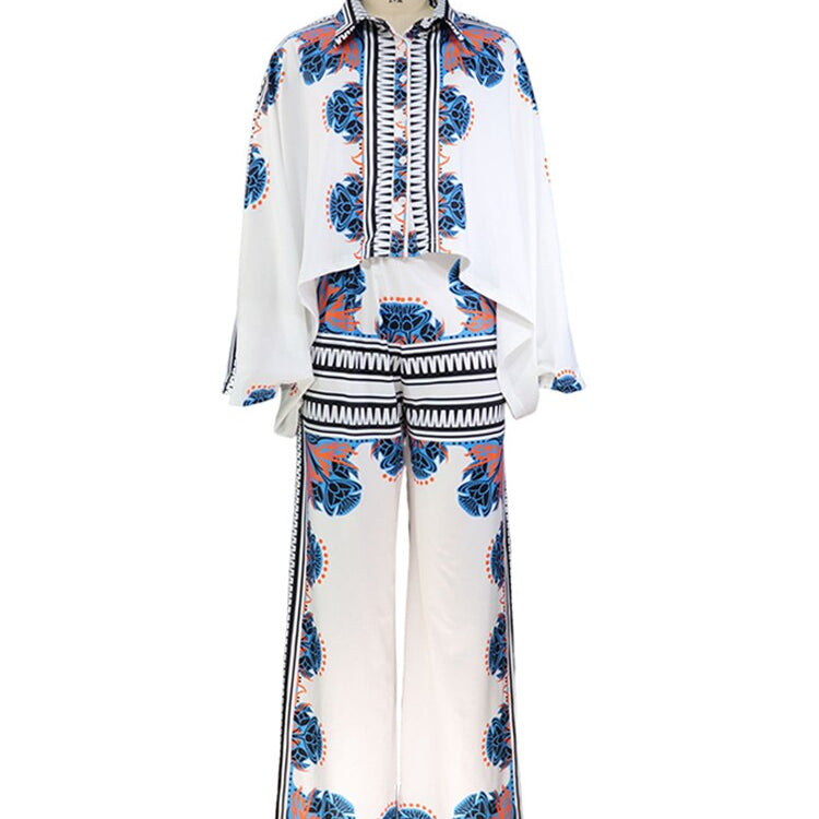 Printed Lapel Blouse Pants Sets Women 2024 Autumn Long Bat Sleeve Shirt Tops Loose Wide Leg Pant 2 Piece Set Female Casual Suit