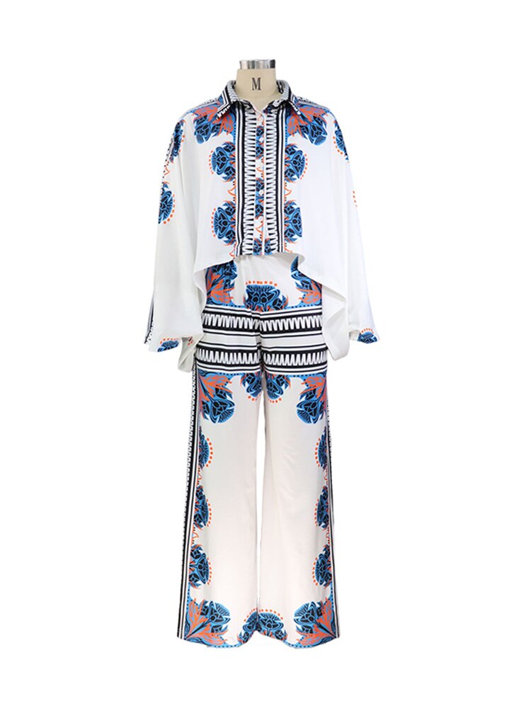 Printed Lapel Blouse Pants Sets Women 2024 Autumn Long Bat Sleeve Shirt Tops Loose Wide Leg Pant 2 Piece Set Female Casual Suit