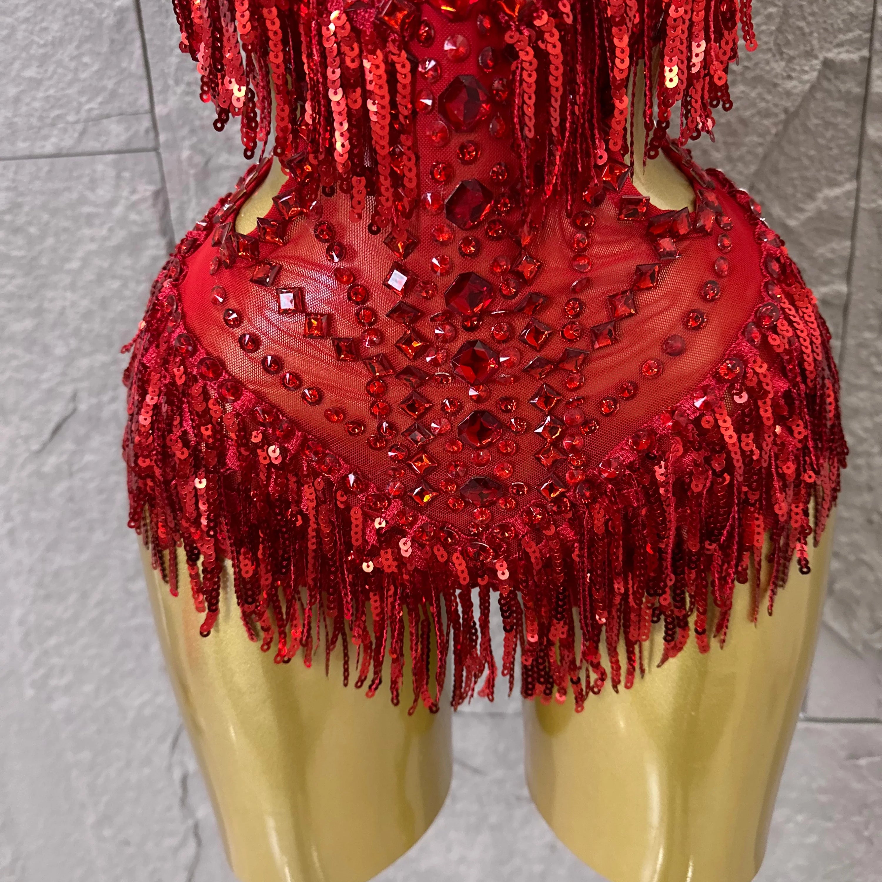 Luxurious Sheer Mesh Bodysuit Women Sexy Crystal Embellished Feather Fringe Trim Spaghetti Strap Outfit Stage Performance Outfit