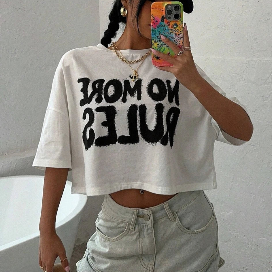 100% Cotton Women Crop T-shirts No More Rules Letter Prints Tops O-Neck Short Sleeves Tees Summer Fashion Street Female Clothing white