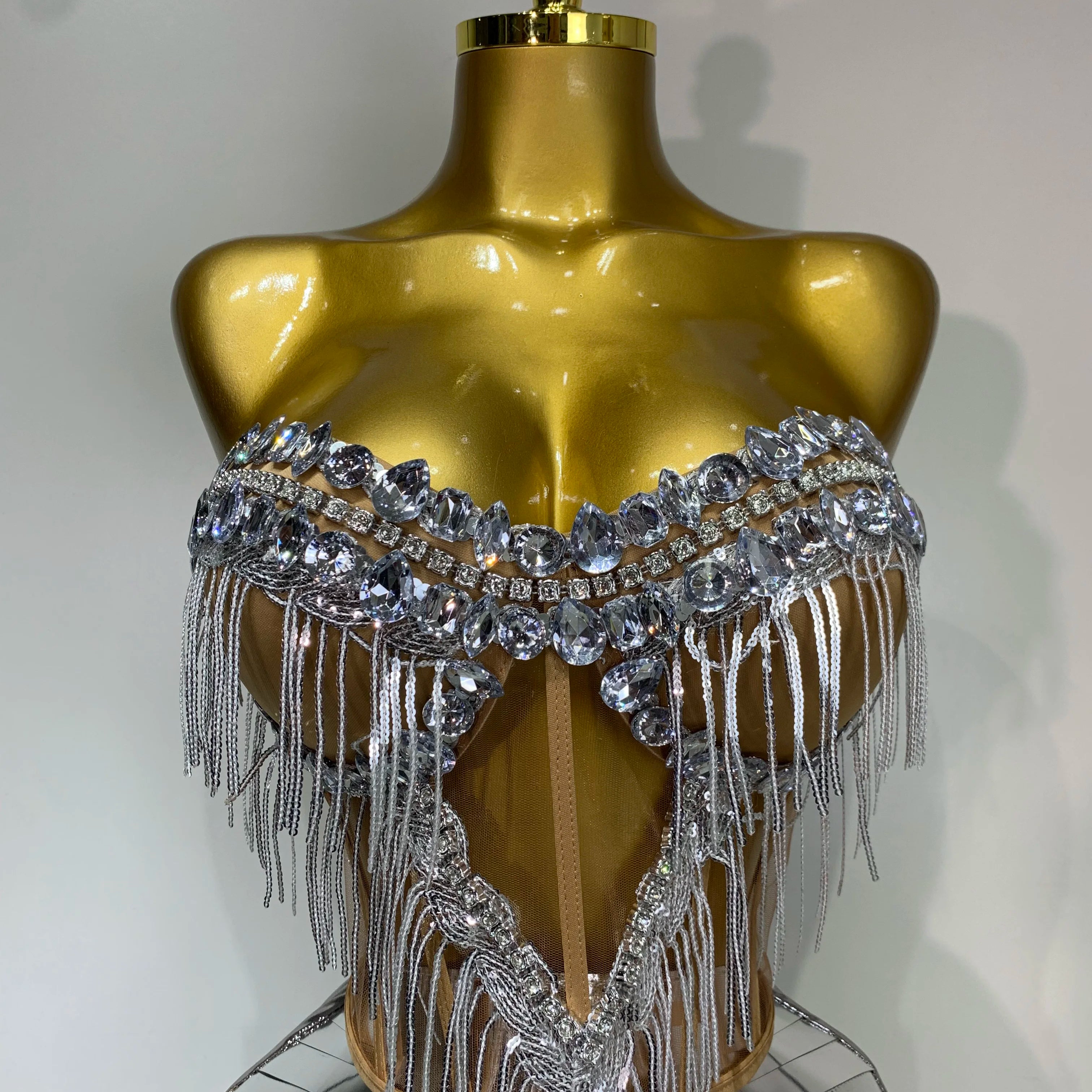 Sparkly Sliver Rhinstones tassels Top Skirt Two Piece Set Women Sexy Strapless Nightclub Birthday Evening Party Stage Outfit