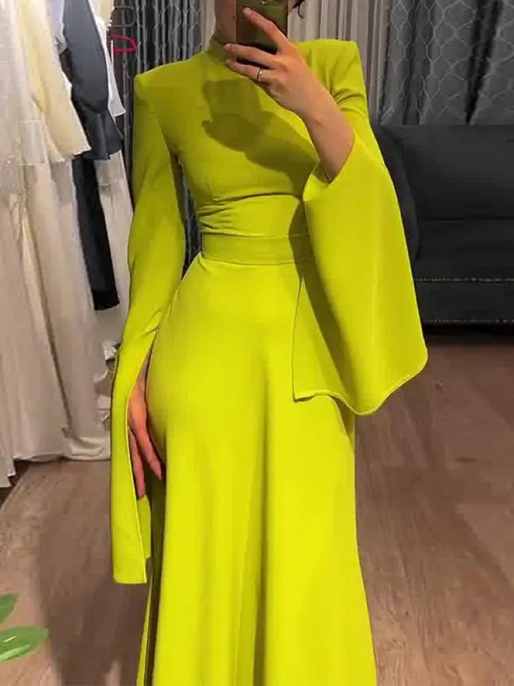Onecozyday New Women Elegant Evening Dresses Ruffled Sleeve Turtleneck High Waisted Slim Fit Pleated Floor Length Dress