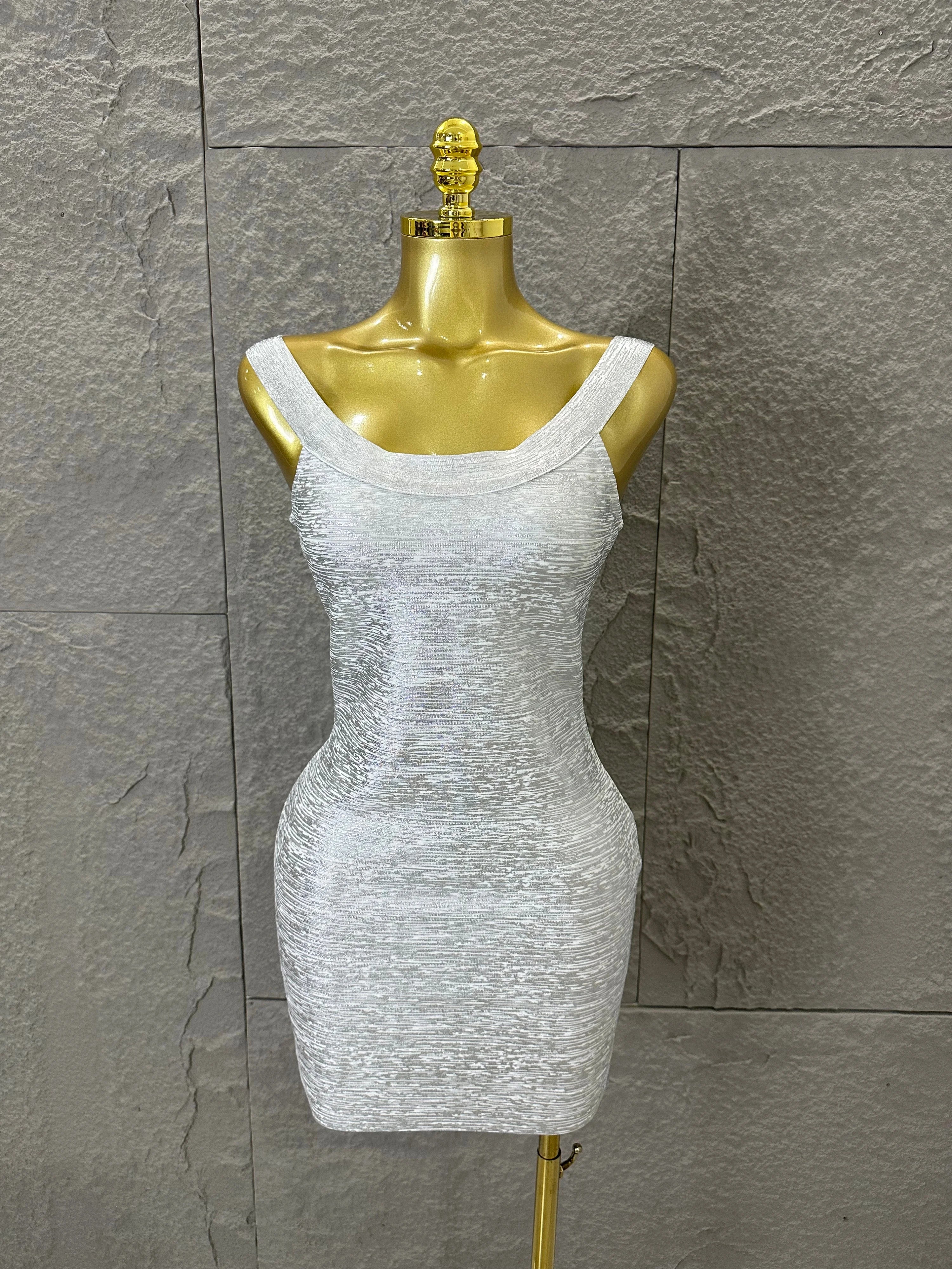 Women Sexy Elegant 2026 Silver Gold Metallic Bandage Mini Dress Women Sleeveless Bodycon Formal Event Cocktail Party Costume Silver