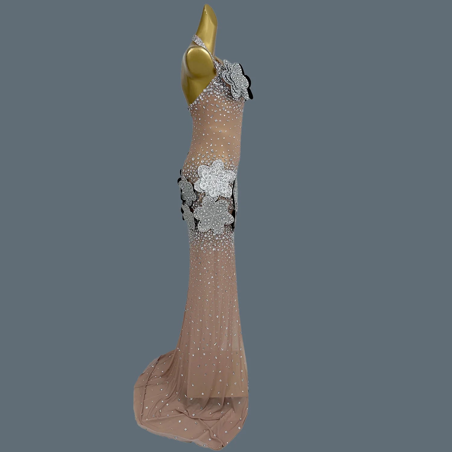 3D Flower See Through Mesh Evening Dress Sexy Women High end Couture Sparkly Rhinestone Party Long Dress Event Outfit Tiehua