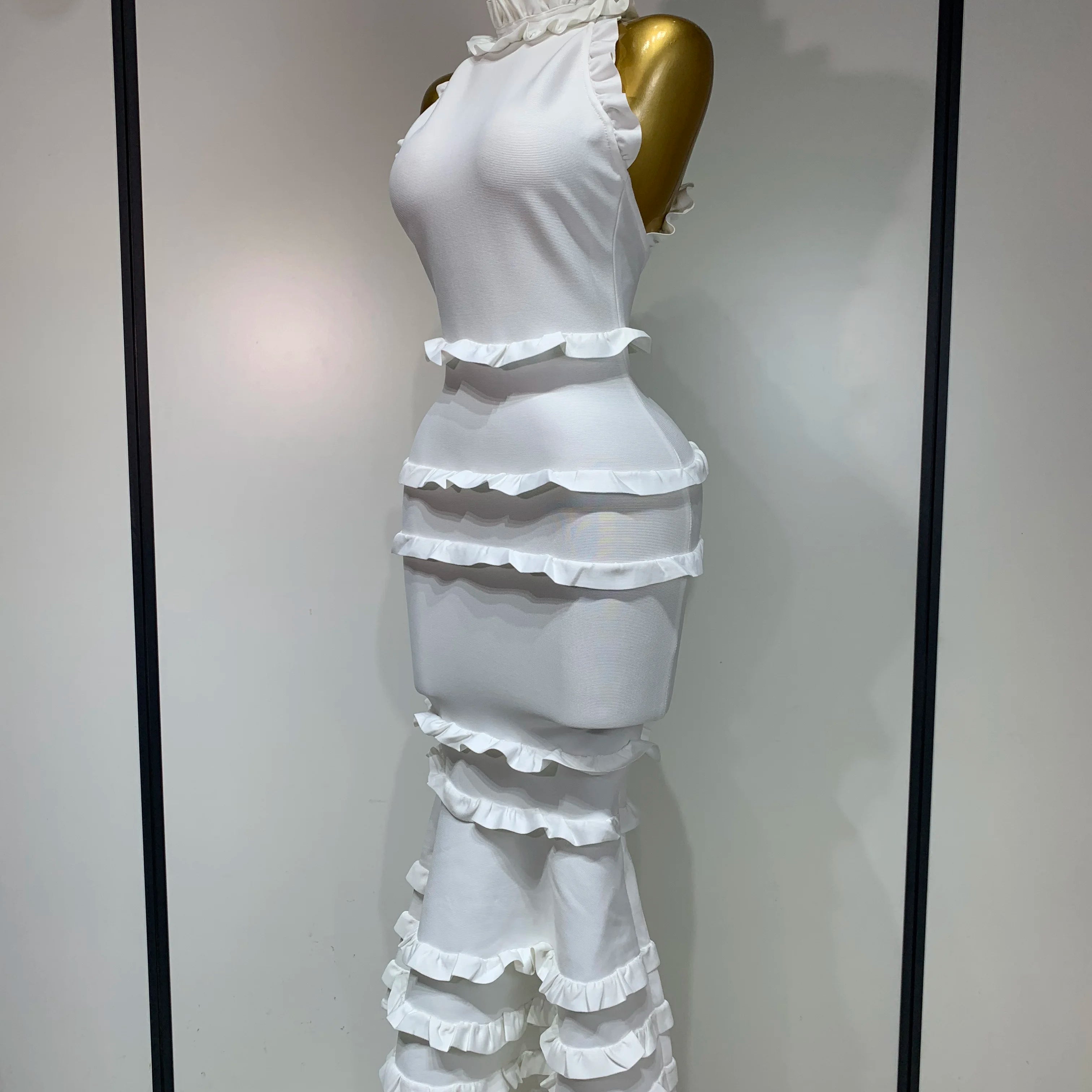 2025 New High quality White Elagant Retro Ruched High Collar Bodycon Bandage Dress Evening Party Fashion Simple Birthday Gown