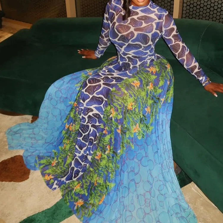 CM.YAYA Women 3D Printed O-neck A-line Mesh Long Sleeve Maxi Long Dress 2025 Summer Fashion Birthday Vacation Sexy Party Dresses