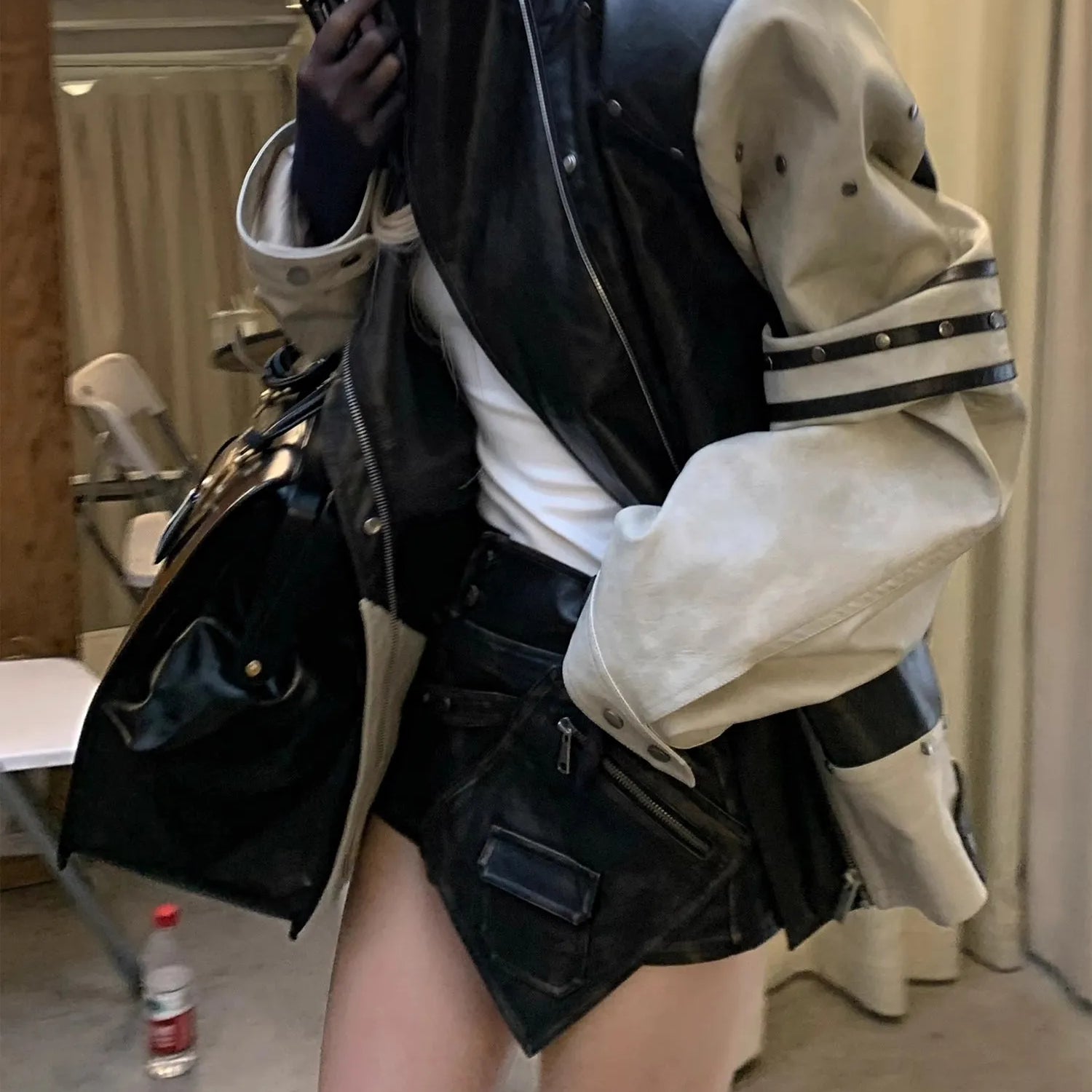 Lautaro Spring Summer Cool Sexy Distressed Black Pu Leather Mini Asymmetrical Skirt Women High Waist Luxury Designer Emo Clothes