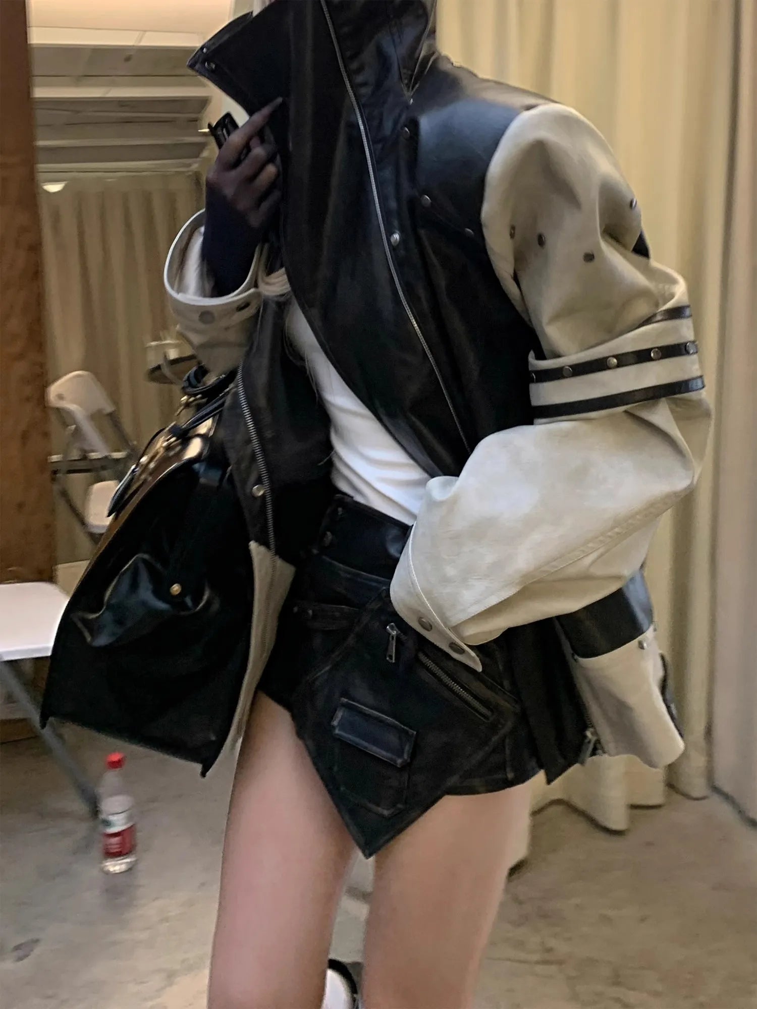 Lautaro Spring Summer Cool Sexy Distressed Black Pu Leather Mini Asymmetrical Skirt Women High Waist Luxury Designer Emo Clothes