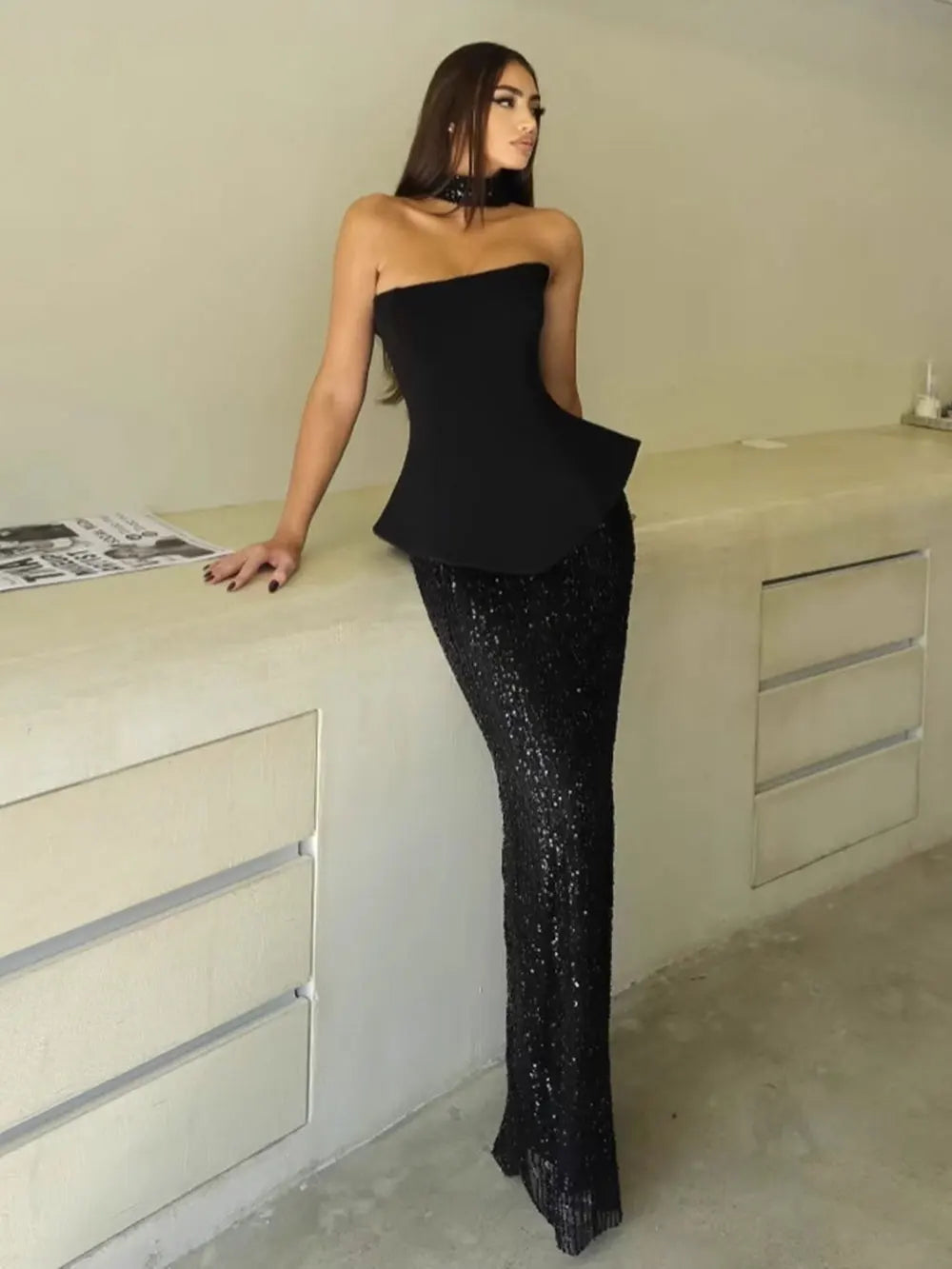 2025 Elegant Women's Light Luxury Dress+Strapless Sleeveless Bodycon Patchwork Long Dress Cocktail Evening Party Vestidos