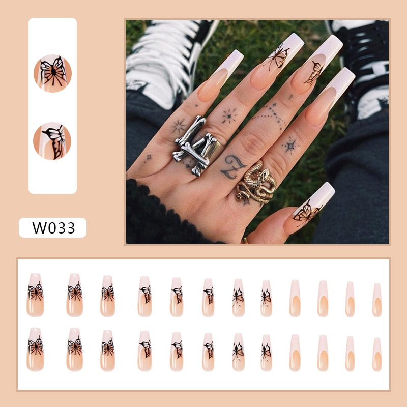 Y2k Fake Black Nail Long Ballet Reusable Adhesive Acrylic Press on set Nails Dark Acrylic Artificial False Nails Arts Tips 24pcs W033