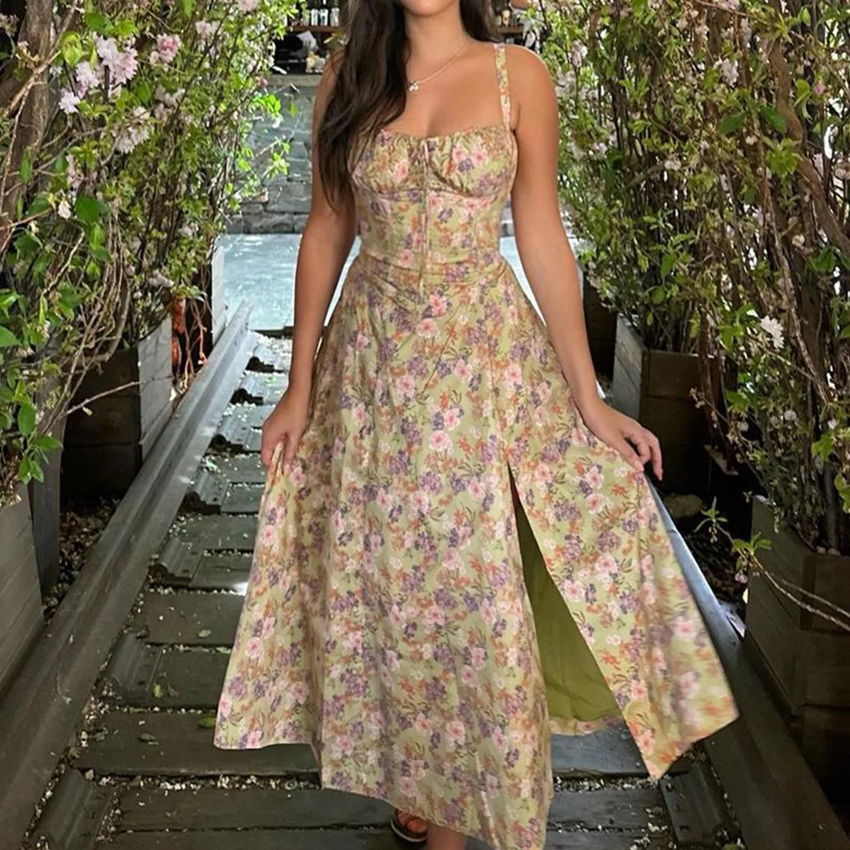 Suninheart Women's Summer Floral Print Dresses Sweet Elegant Midi Holiday Dress Casual Slit Blue Lace Up Dresses 2023 liac