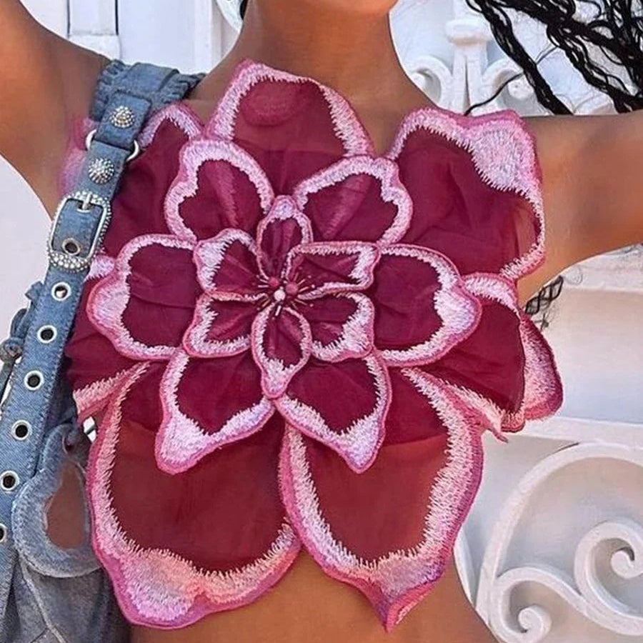 Women 3D Flower Cami Top y2k Sleeveless Backless Spaghetti Strap Crop Top for Going Out Party Streetwear