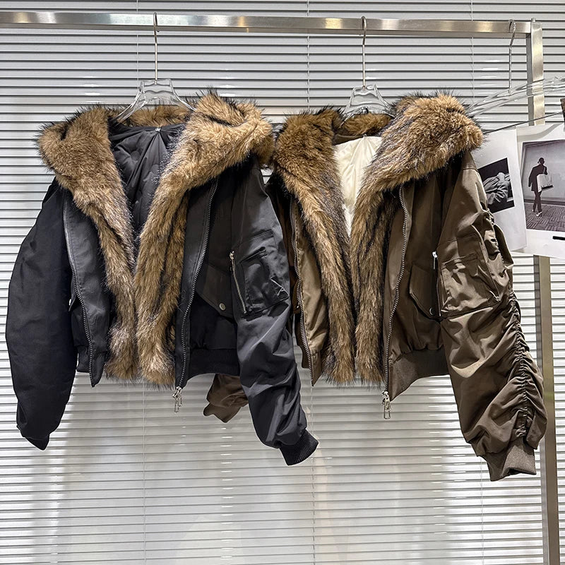 Winter New Fashion Furry Patchwork Motorcycle Cotton-padded Jacket For Women Hooded Zipper Warm Coat Female 11A07604