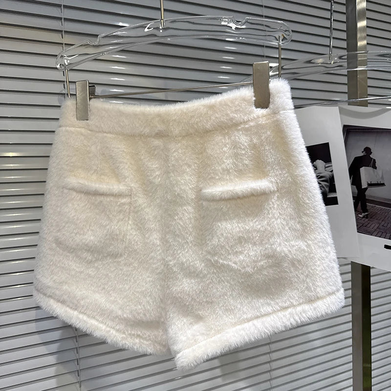 Winter New Elegant Fashion Rhinestone Buckle Faux Mink Fur Thickened Shorts For Women Solid Color Boot Pants 11A07520