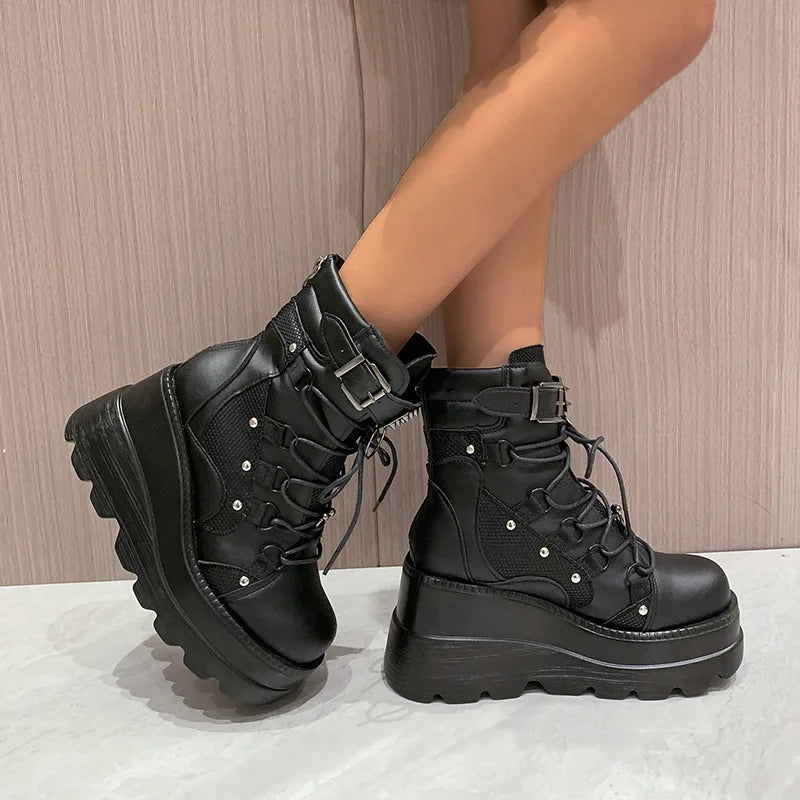 Women's Punk Style Thick-soled Wedge-heeled Knight Boots Large Size Cross-lace Thick-soled Mid-tube Women's Gothic Cowboy Boots