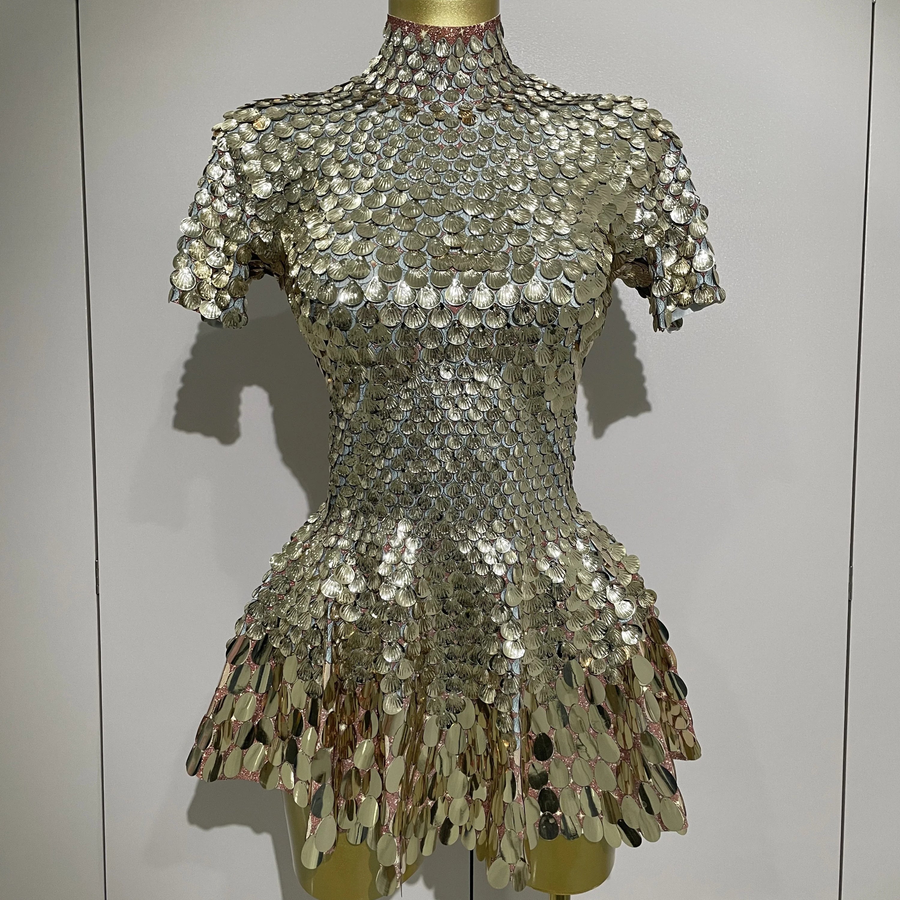 Luxury Shiny Shell Sequins Bodysuit Dress Women Sexy Nightclub Dance Performance Clothing Birthday party Dresses Gold