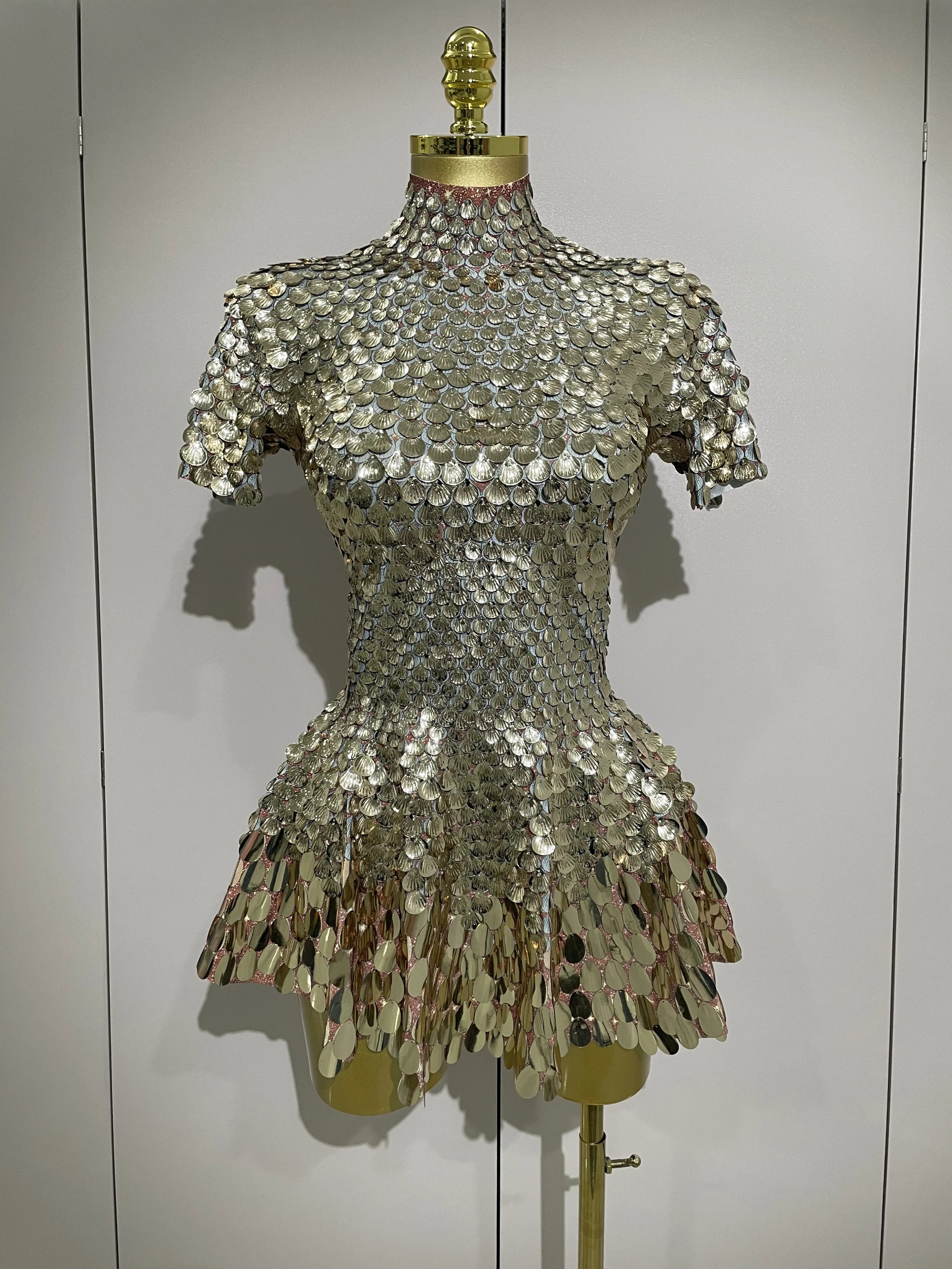 Luxury Shiny Shell Sequins Bodysuit Dress Women Sexy Nightclub Dance Performance Clothing Birthday party Dresses Gold