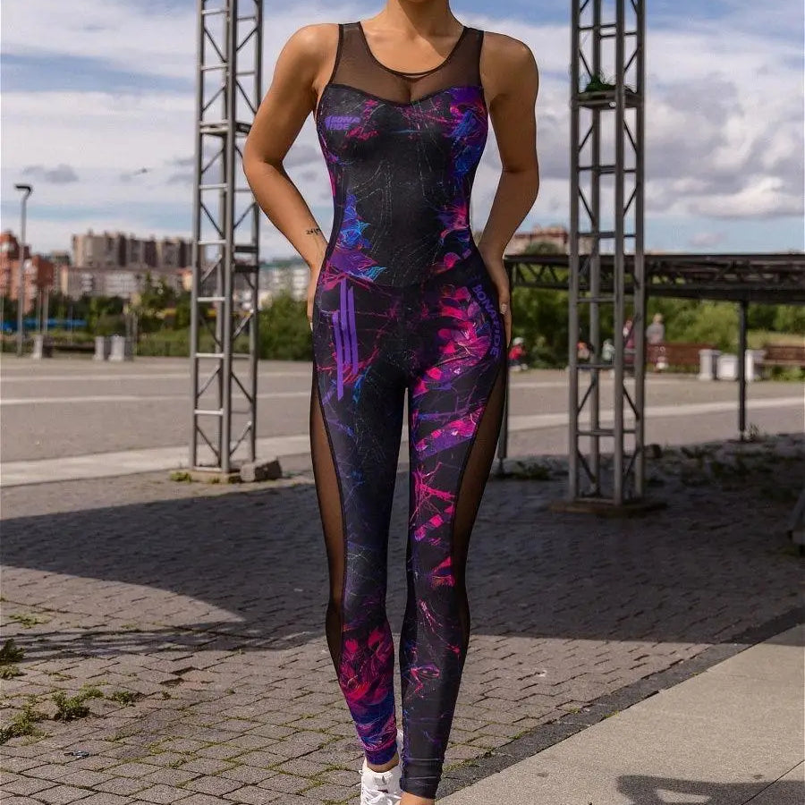 Gym Jumpsuit Outfit Conjunto Deportivo Mujer Sleeveless Printed Back Hollowed Out Mesh Split Piece Jumpsuit for Sports Yoga