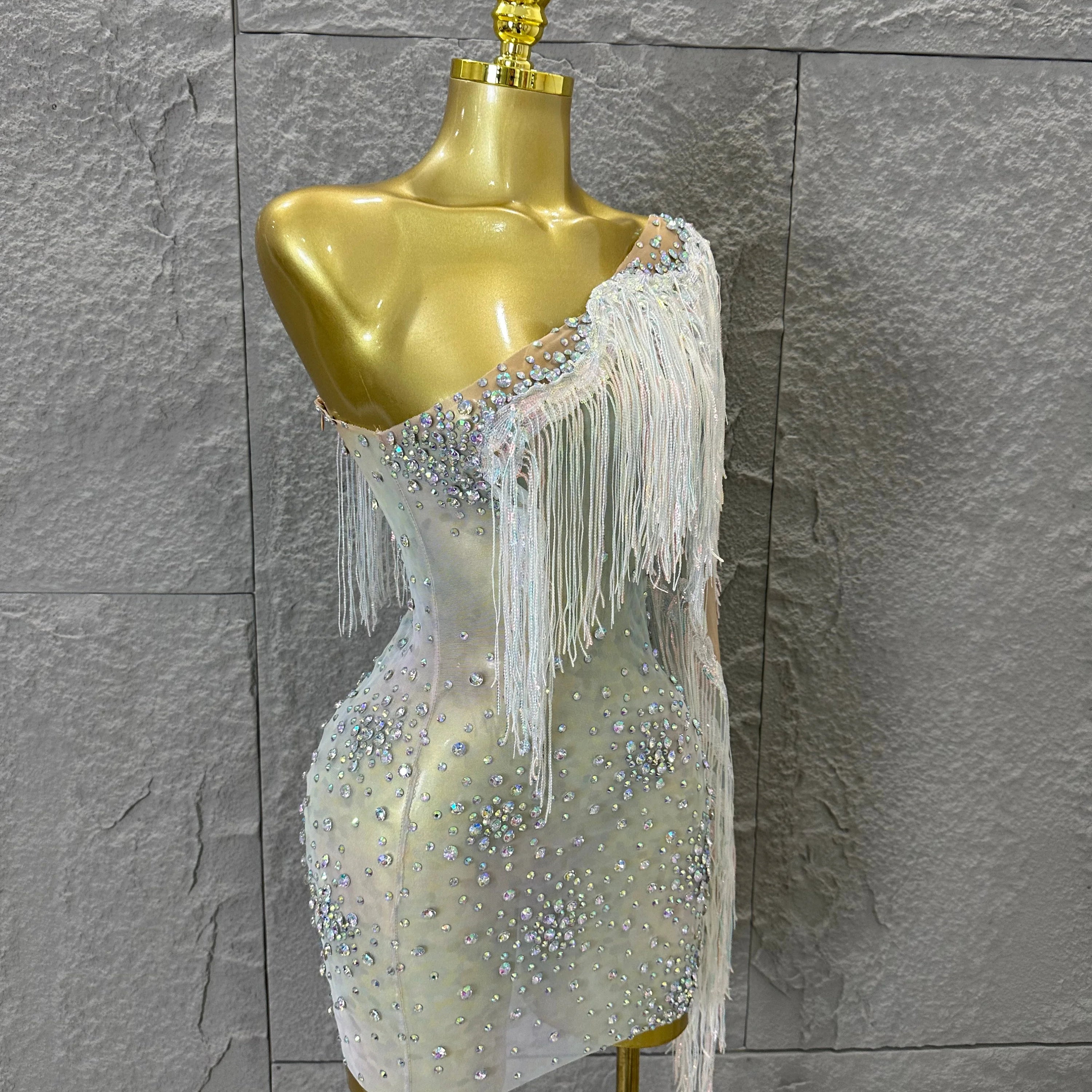 Glamorous Nude Sheer Mesh Dress Women Long Sleeve Flowy Rhinestone Fringe Embellished Nightclub Party Dance Performance Outfit