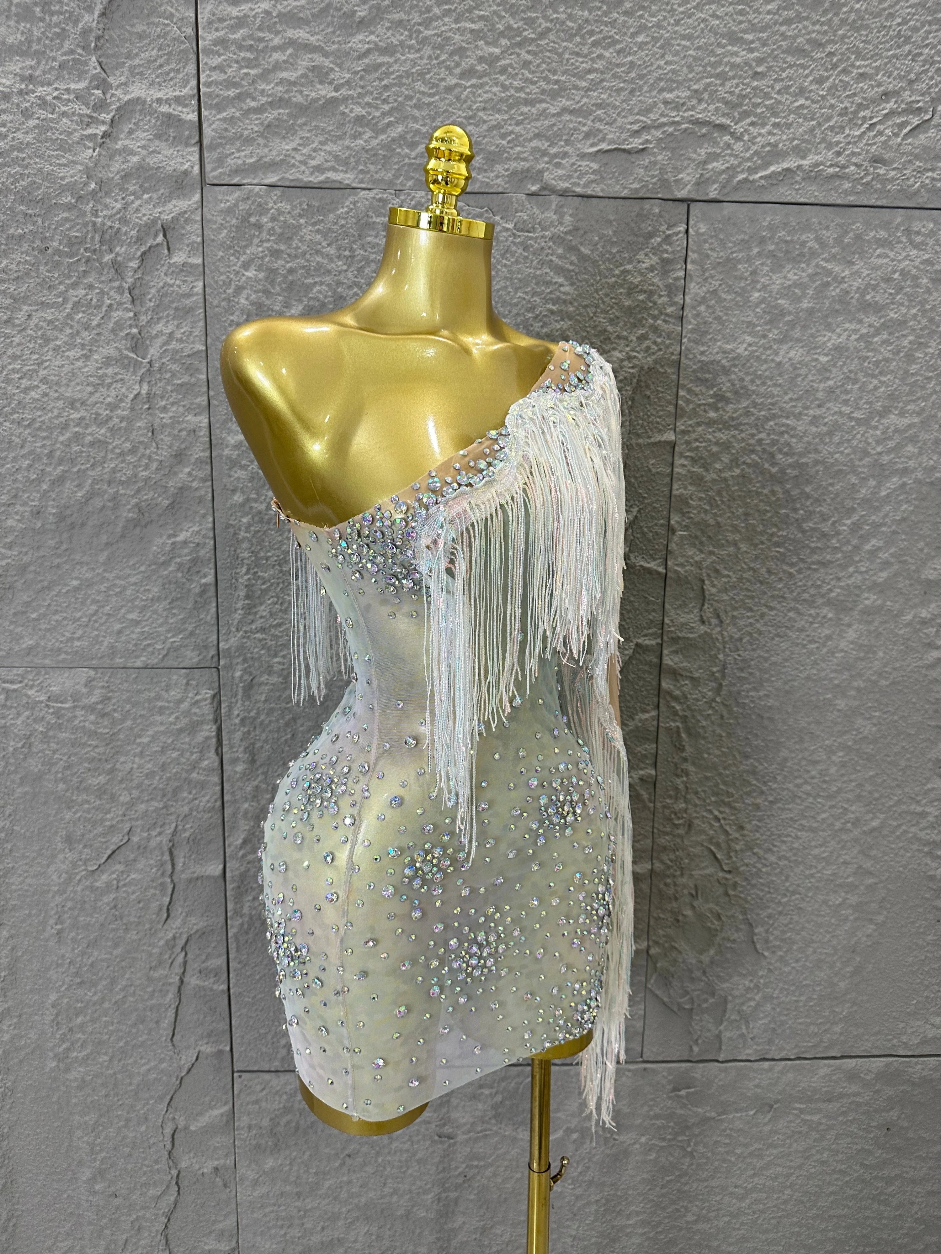 Glamorous Nude Sheer Mesh Dress Women Long Sleeve Flowy Rhinestone Fringe Embellished Nightclub Party Dance Performance Outfit