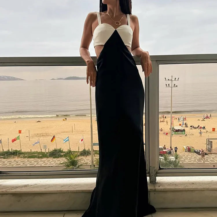 Elegant Lady Contrast Hollow Out Slim Long Dress Fashion Sleeveless Bodycon Maxi Robes Summer 2025 Party Vacation Women Dresses Black