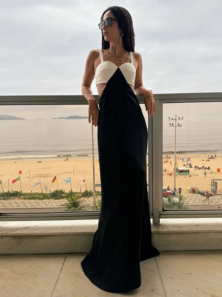 Elegant Lady Contrast Hollow Out Slim Long Dress Fashion Sleeveless Bodycon Maxi Robes Summer 2025 Party Vacation Women Dresses Black