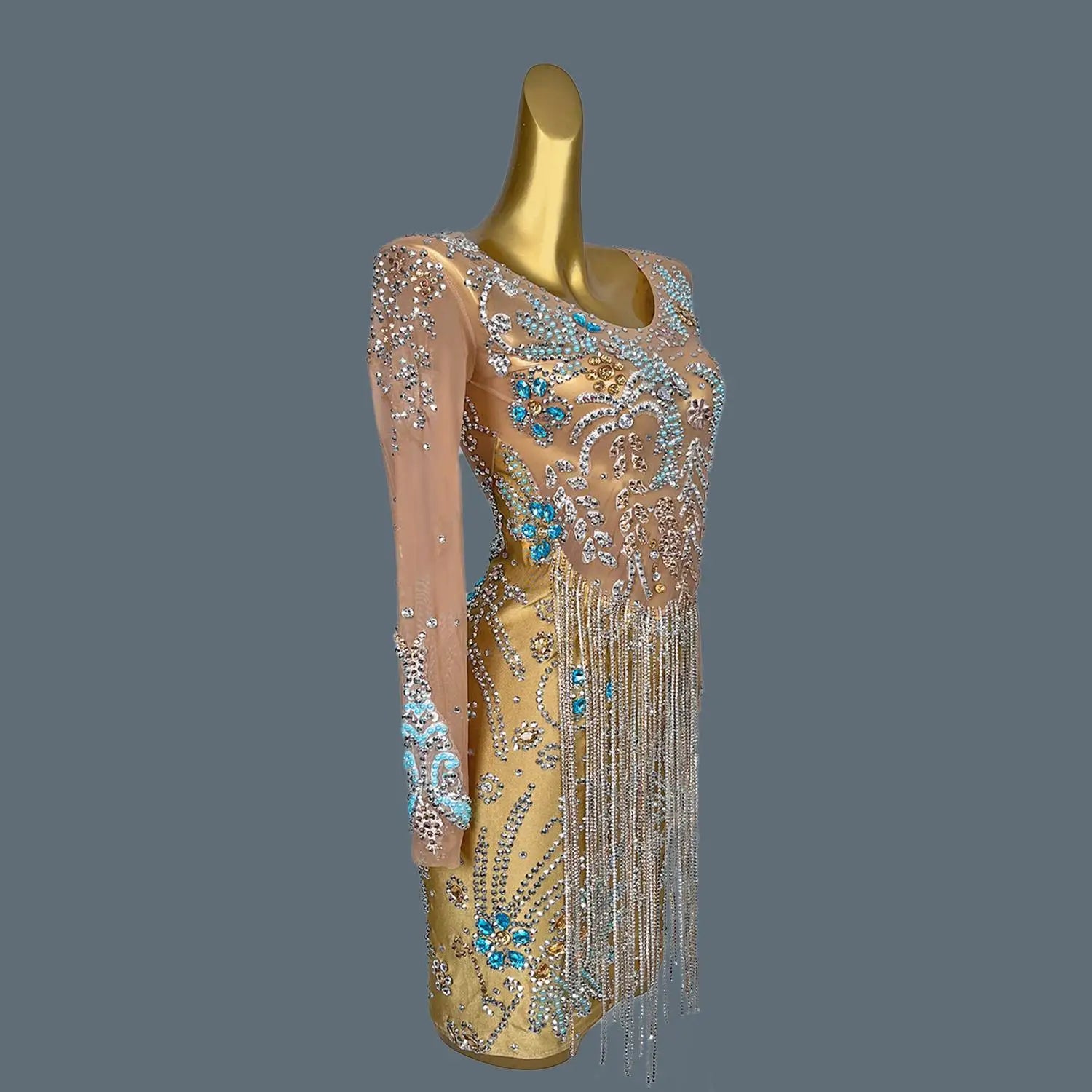 Sexy Transparent Mesh Tassel Dress Women Evening Dress Birthday Celebrate Outfit Club Sexy Show Costume Luxury Rhinestone Lanhai