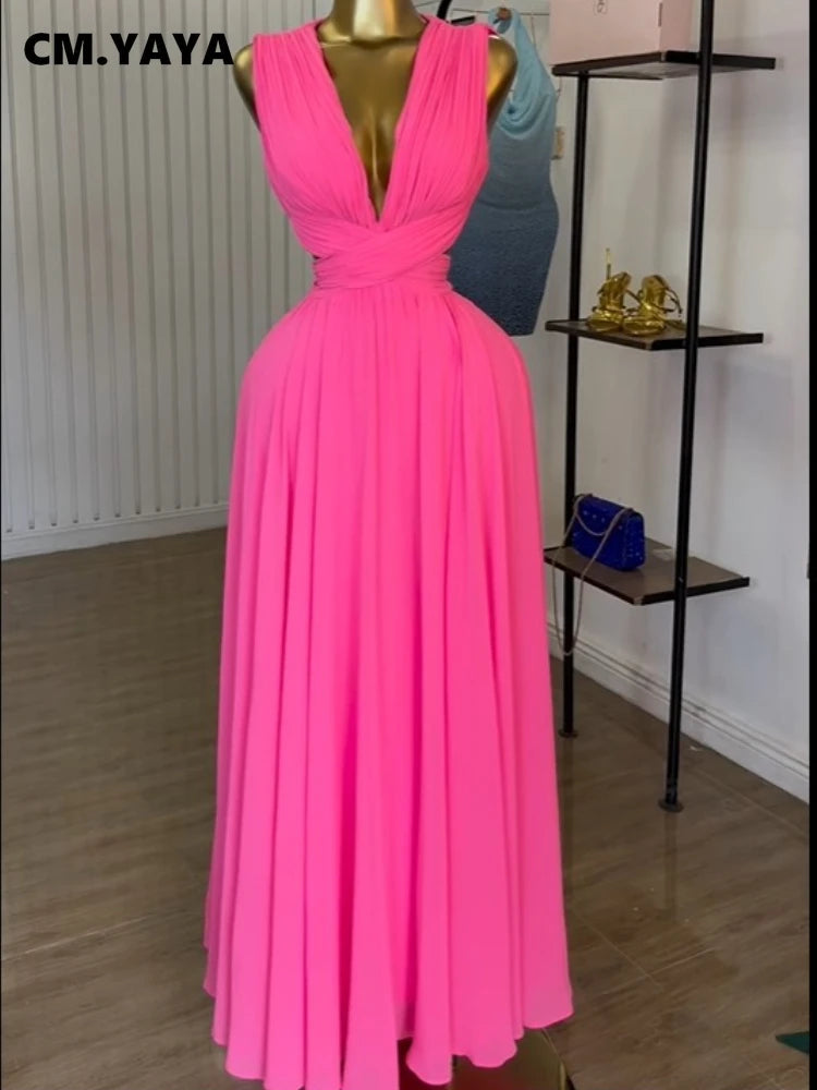 CM.YAYA Women Sleeveless Cutout Back Wrap V-neck Pleated A-line Chiffon Maxi Long Dress Birthday Vacation Sexy Party Dresses