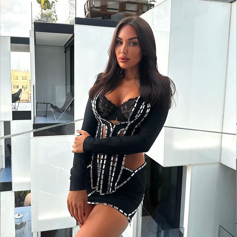 Black Color Women Long Sleeve Sexy Shinning Crystal Bandage Tops 2 Pieces Bodycon Mini Dress Nightclub Party Outfit