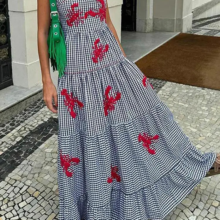 Vintage Embroidery Sleeveless Maxi Dress Women Summer Plaid Print Casual Beach Vacation Party Dresses Fashion Female Vestidos Blue