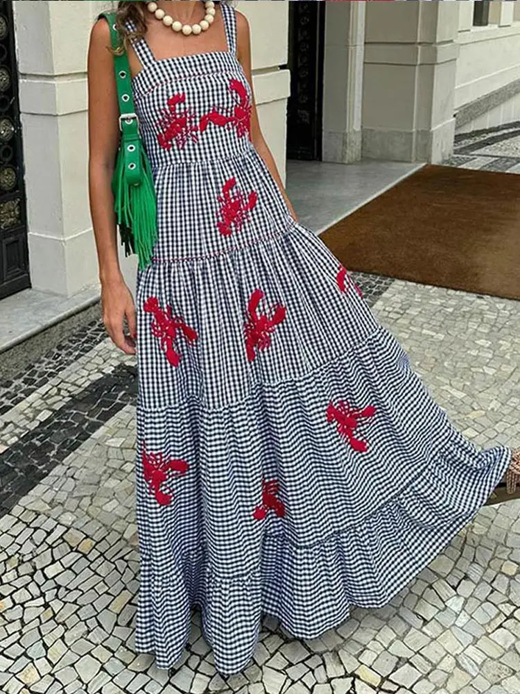 Vintage Embroidery Sleeveless Maxi Dress Women Summer Plaid Print Casual Beach Vacation Party Dresses Fashion Female Vestidos Blue