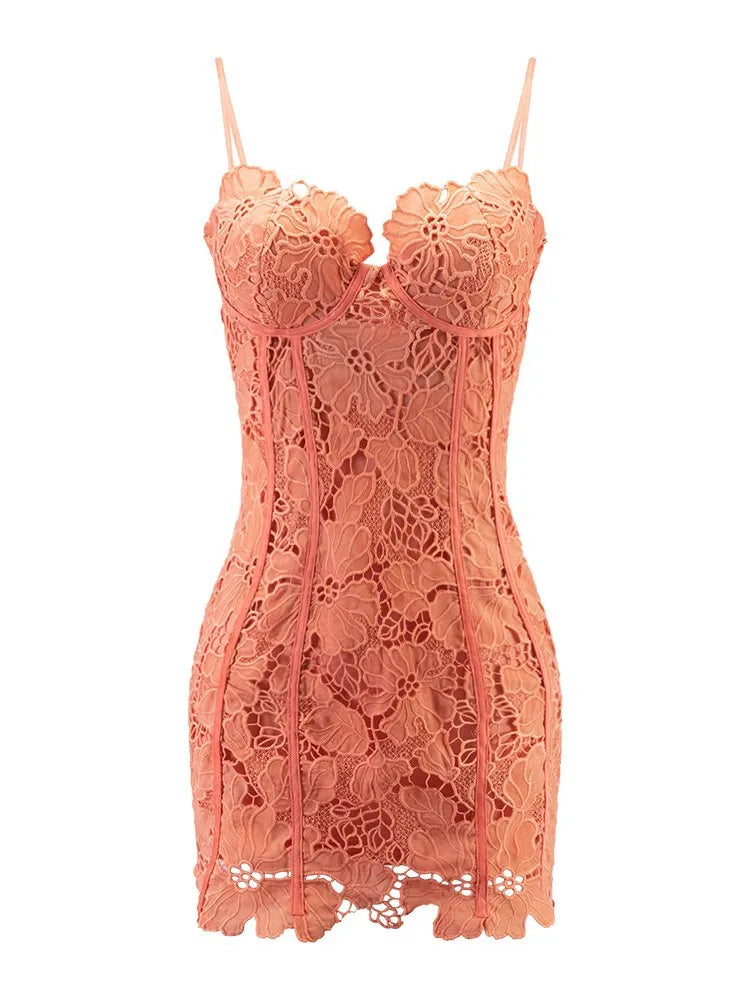 Orange Color Women Sleeveless Sexy Strap Square Collar Bodycon Mini Lace Dress Celebrate Girls' Birthday Party Cocktail Dress