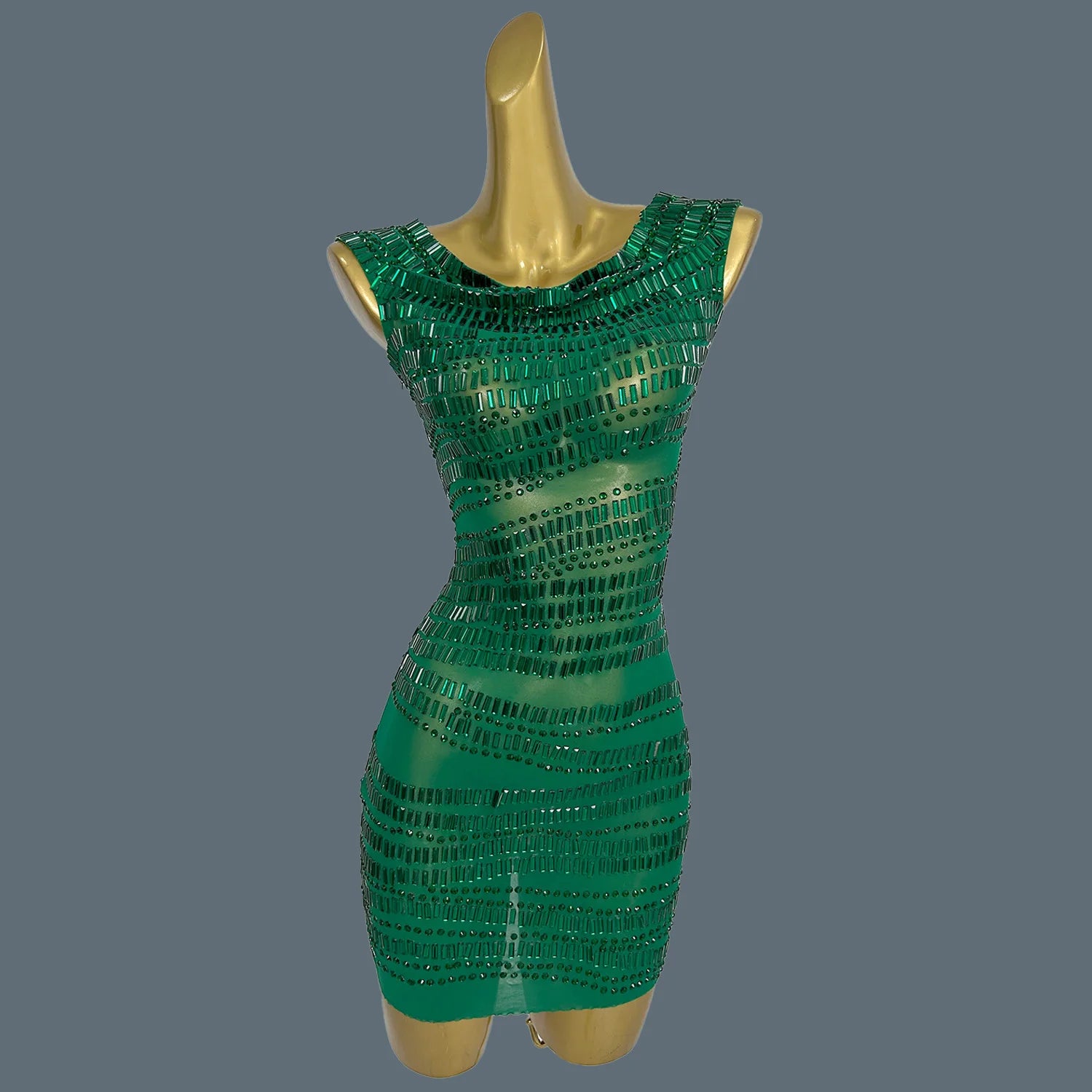 Women Sparkly Crystals Short Dress Sexy Mesh See Through Birthday Party Event Dress Show Stage Wear Performance Costume Yizijian green