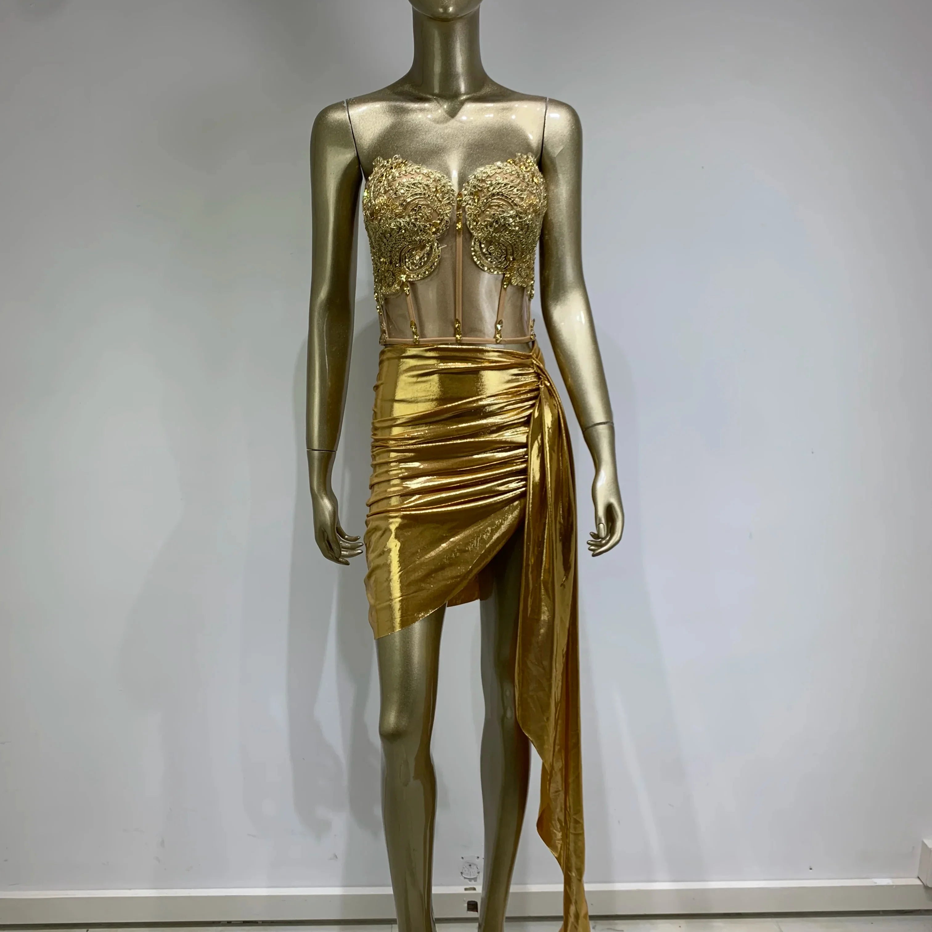 Stock Women Strapless Backless Gold Ruched Mini Skirt Set Birthday Party Costume Bar Nightclub Stage Performance Clothing