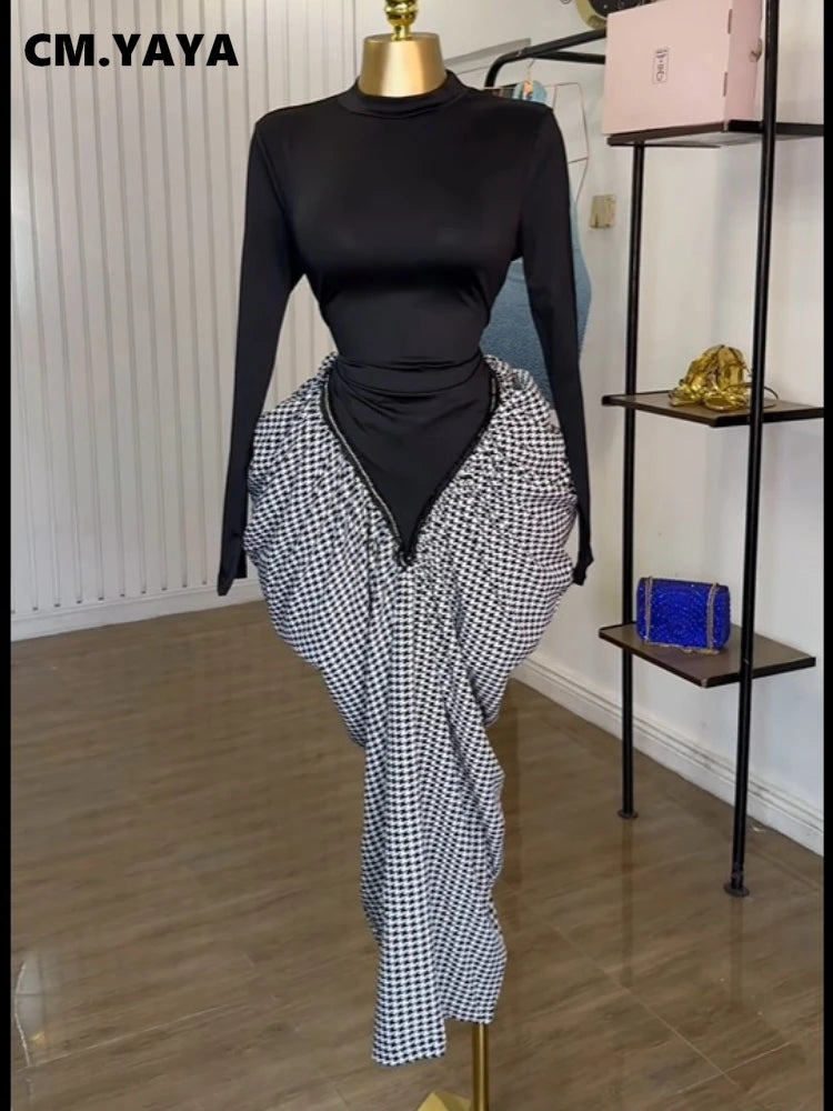 Women Houndstooth Stacked Ruched Side Long Sleeve Bodycon Midi Maxi Long Dress 2025 Birthday Vacation Sexy Party Dresses