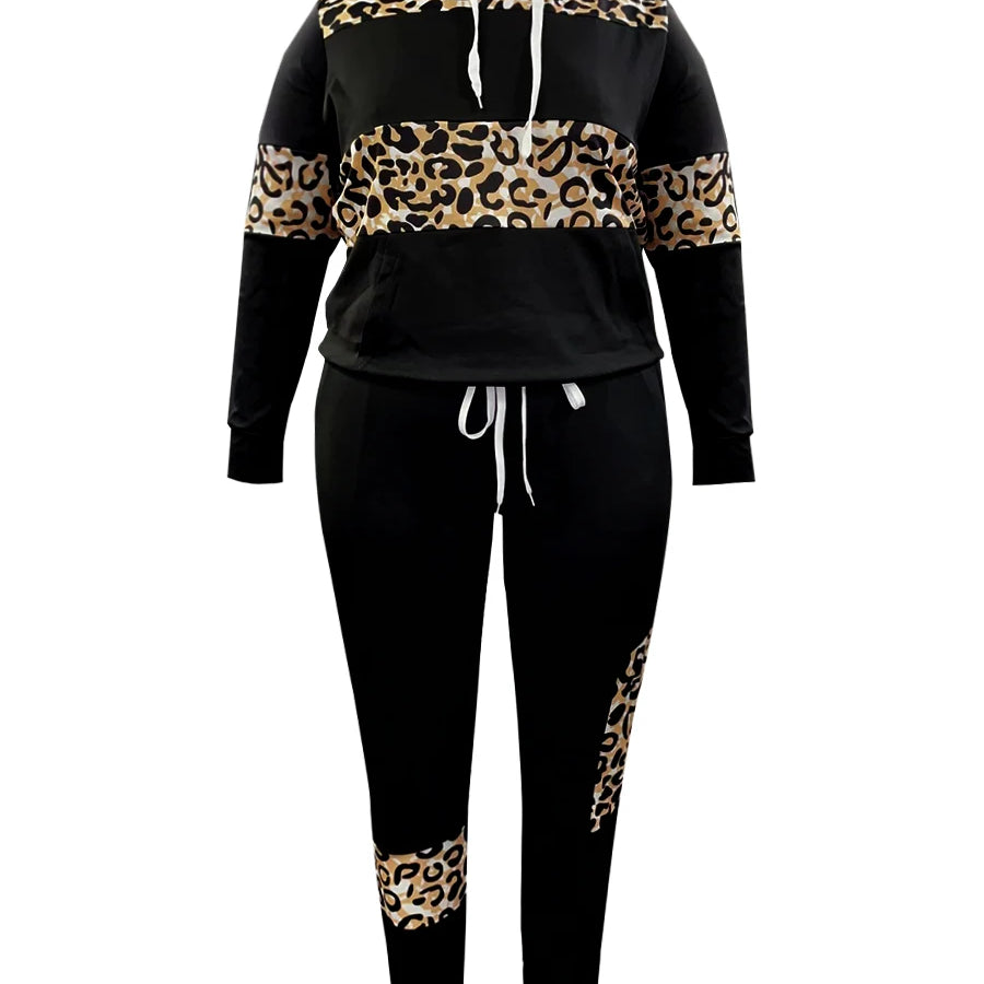 LW Plus Size Hooded Collar Leopard Print Tracksuit Set Drawstring Long Sleeve Hoodie & Pocket Design Pants Two-Pieces Set
