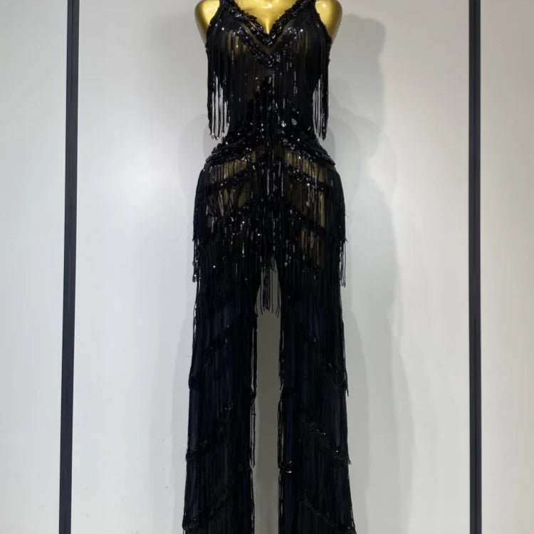 Women Sparkly Glod Rhinestones Sequined Fringe jumpsuit Sexy Nightclub Party Birthday Outfit Show Singer Stage Perform Costume black