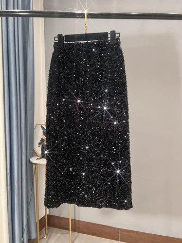French High-waisted Slim Skirt High-quality Shiny All-match Mid-length Thickened Hip Skirt Split Black Sequin Skirt Women black