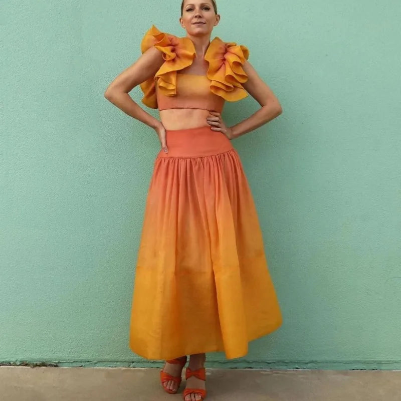 Elegant Women Two Piece Set Y2K Outfits Sexy Ruffle Crop Top Shirt High Waist Colorful Long Skirt Suit Vacation Boho Clothes Set Yellow