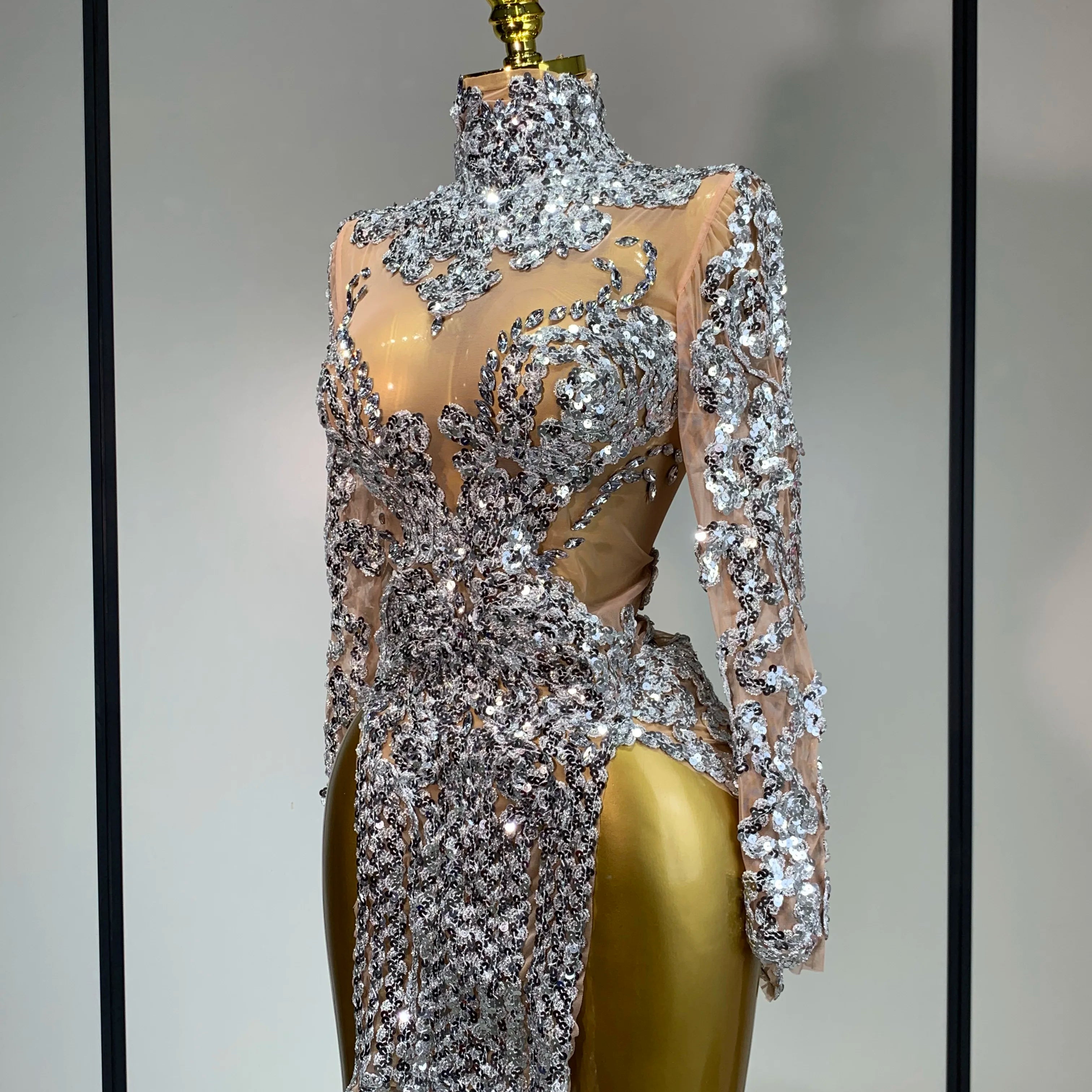 Sparkly Silver Gold Sequins Short Dress Sexy High Slit Women Nightclub Evening Party Dress Birthday Singer Stage Show Outfit