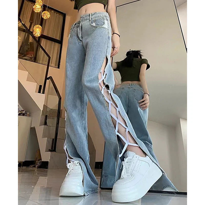 Casual Split Straight Jeans Women Fashion Hollow Out Bandage Design Trousers Woman Korean Style High Waist Blue Denim Pants 2024