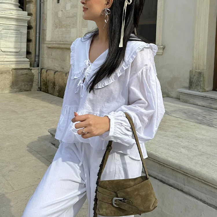 Chic Lace Up Pleated Women Shirts Blouses Lantern Sleeve White Female Streetwear Loose Spring Summer Lapel Elegant Lady Top