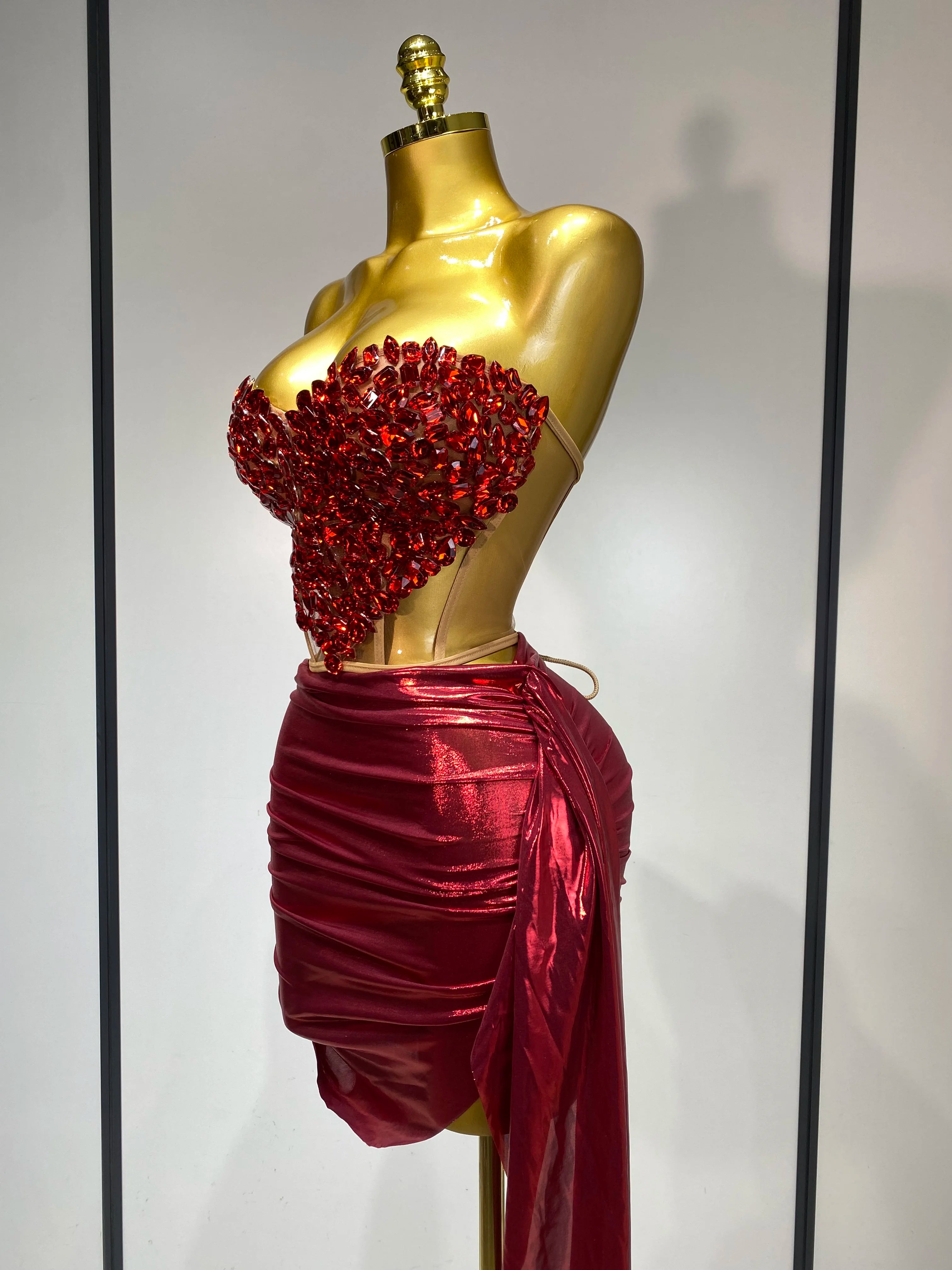 Sparkly Red Diamond Sexy Top Two Pieces Set Women Celebrate Party Luxury Birthday Nightclub Performance Dancer Stage Outfit