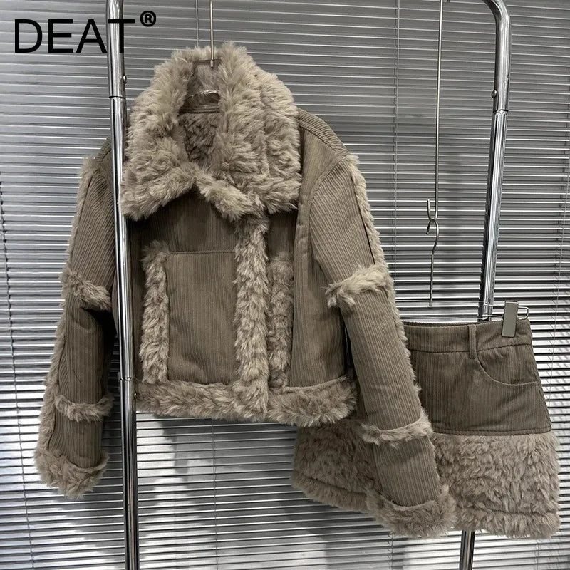 Autumn Winter New Style Corduroy Lapel Loose Fur Coat For Women Patchwork High Waist Shorts Skirt Female 11A07636