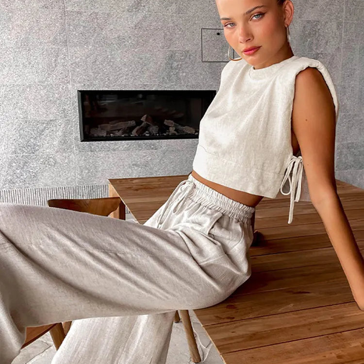 Casual Linen Lace Up Hollow Out Top Pants Sets Women O-neck Sleeveless Crop Tank Drawstring Trouser Suits Female Beach Outfits khaki