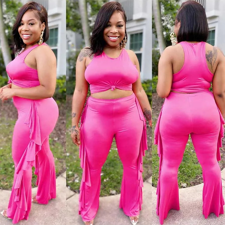 Style Plus Size Women Clothing Summer Two-piece Set Solid Color Tank Top Ruffle Pant Set Lady Trendy Suit Wholesale Dropshipping Pink